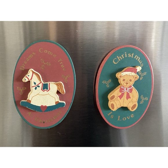 Vintage Russ Folk Art Style Wooden Wood Christmas Refrigerator Magnets Lot Of 2 - Picture 4 of 16